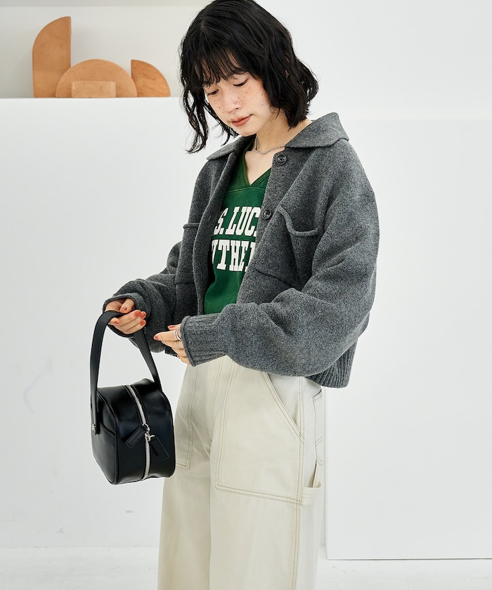 LURAKU グリーン カーディガン 襟付き FREAK'S STORE/襟付き ポケットショートニットカーディガン