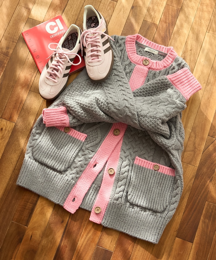 パッチワーク ケーブル 配色ニットカーディガン