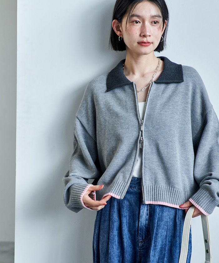 ポロ襟 配色 ジップカーディガン/バイオウォッシュ加工ニット