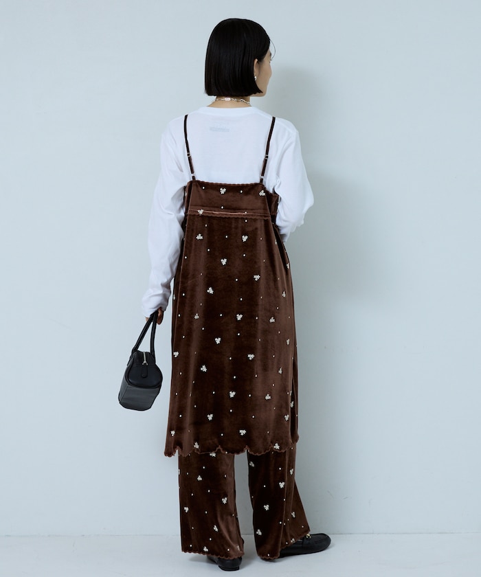 天鵝絨刺繡波浪邊休閒褲