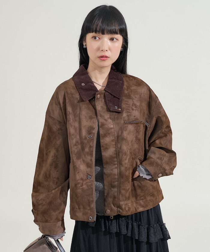 【FREAK'S STORE】 フェード加工 コーデュロイ襟 レザレットブルゾン female 【FREAK'S STORE】 フェード加工 コーデュロイ襟 レザレットブルゾン female