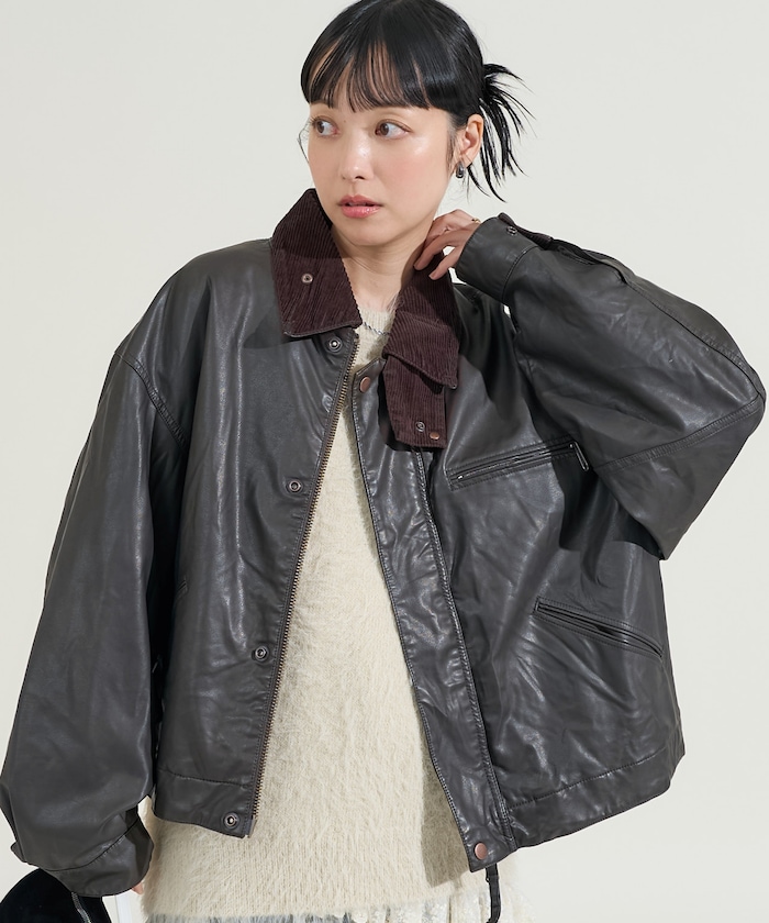 FREAK'S STOREのフェード加工 コーデュロイ襟 レザレットブルゾン