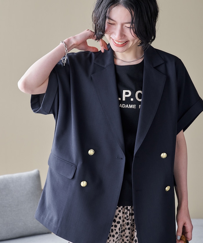 接触冷感/UVカット LINEN TOUCH ダブルブレスト半袖ジャケット