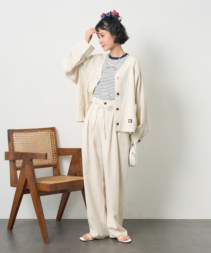 別注 リネンレーヨンノーカラーVネックジャケット＜セットアップ対応＞