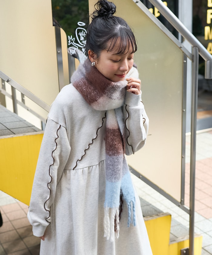 ボリューム チェック フリンジマフラー