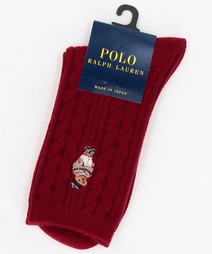 ラム毛混 コロラドベア刺しゅう ポロベア ケーブル クルー丈 レディース ソックス