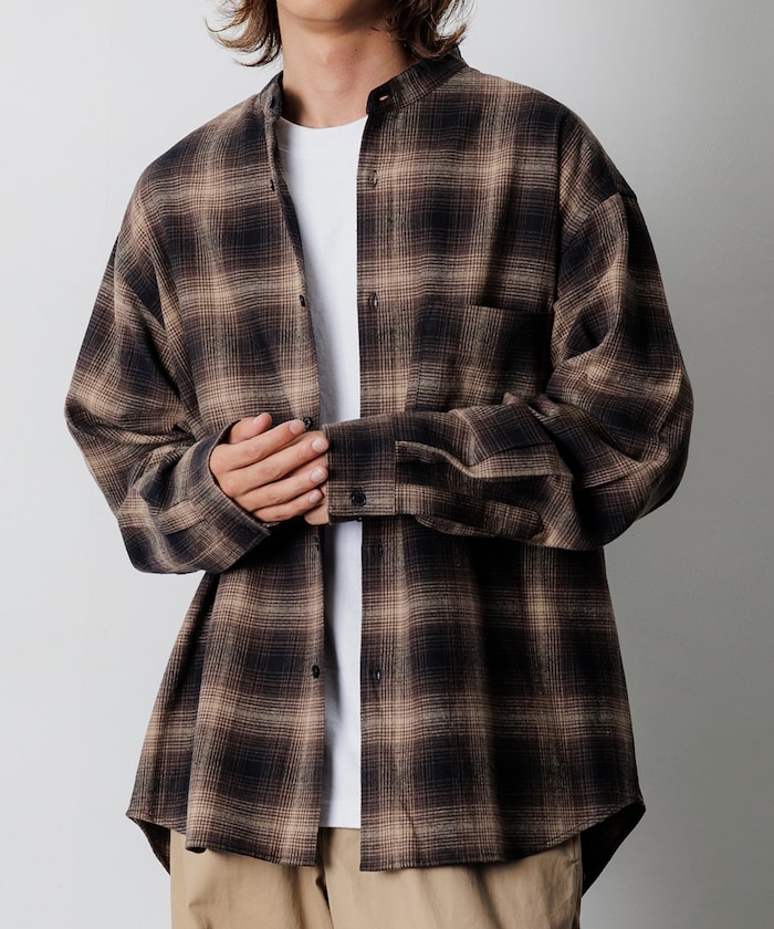 Relax Fit リラックスフィット オンブレチェック  バンドカラー ネルシャツ 【限定展開】