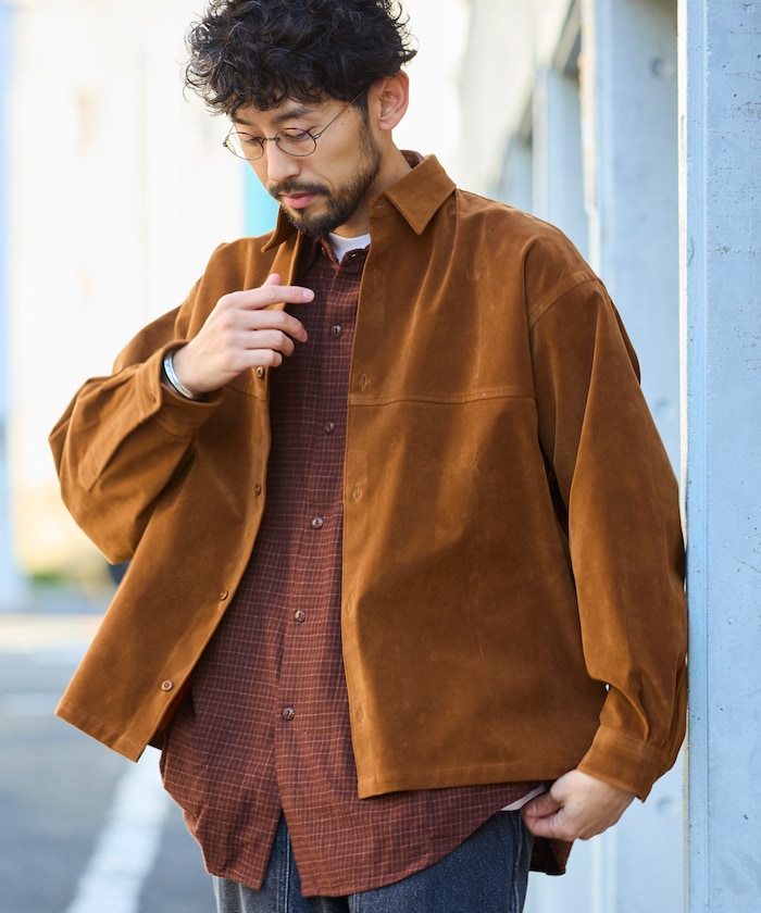ビッグシルエット ベロアレザレット シャツジャケット 【限定展開】