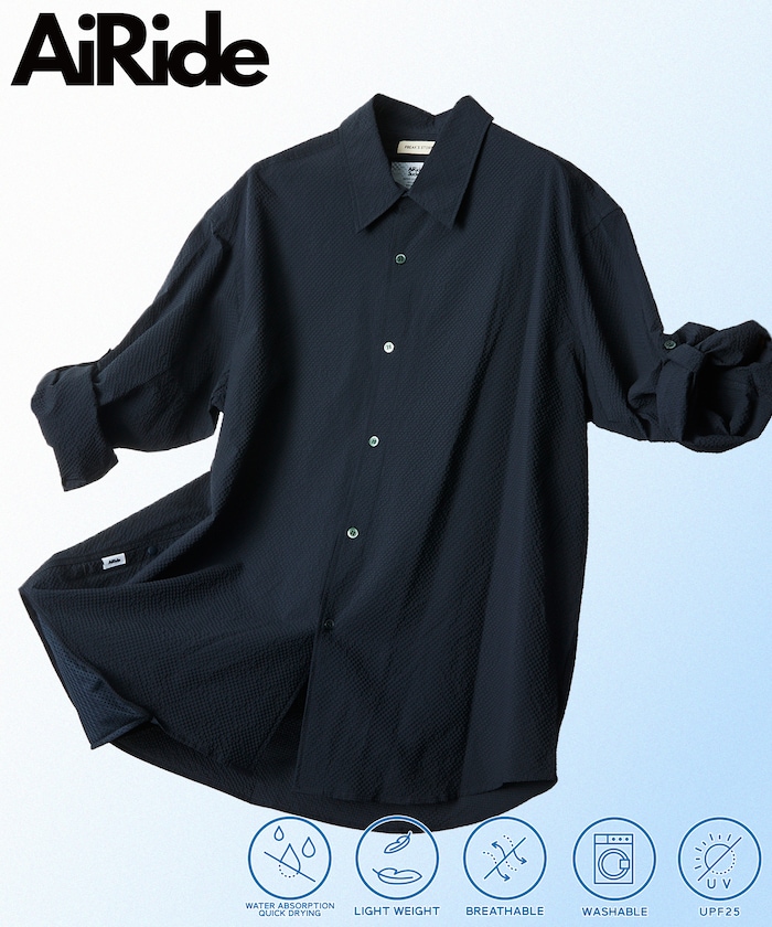 AiRide/エアライド リラックスフィット 2WAY ロールアップ シアサッカーシャツ/ポケッタブル/吸水速乾/UVカット 【限定展開】