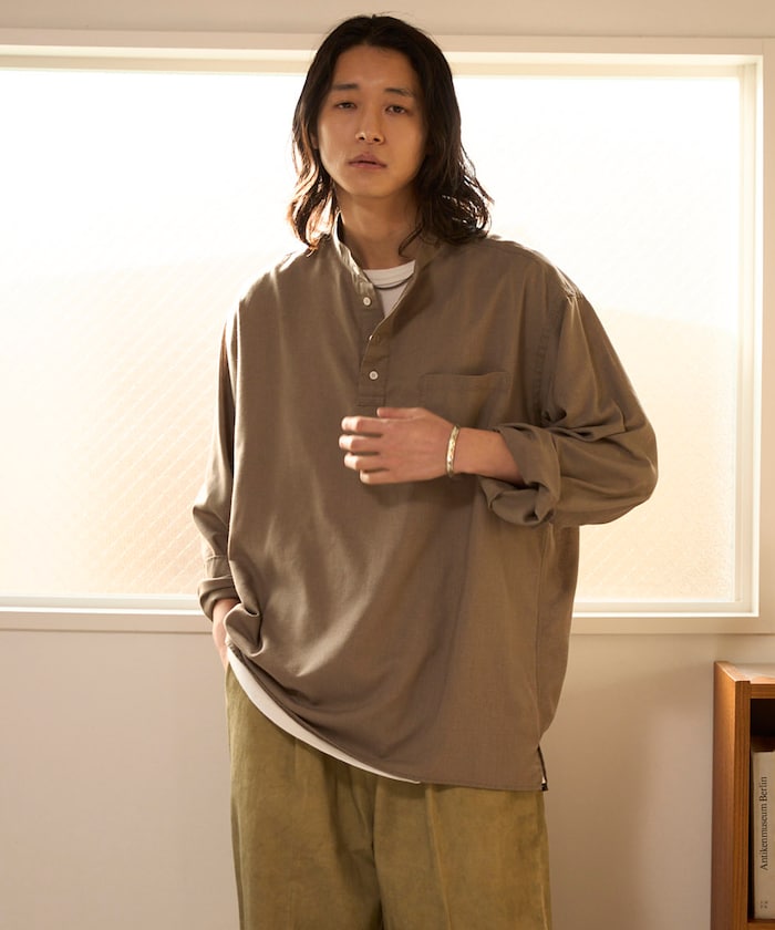 Relax Fit リラックスフィット リネンミックス バンドカラー プルオーバー シャツ 【限定展開】