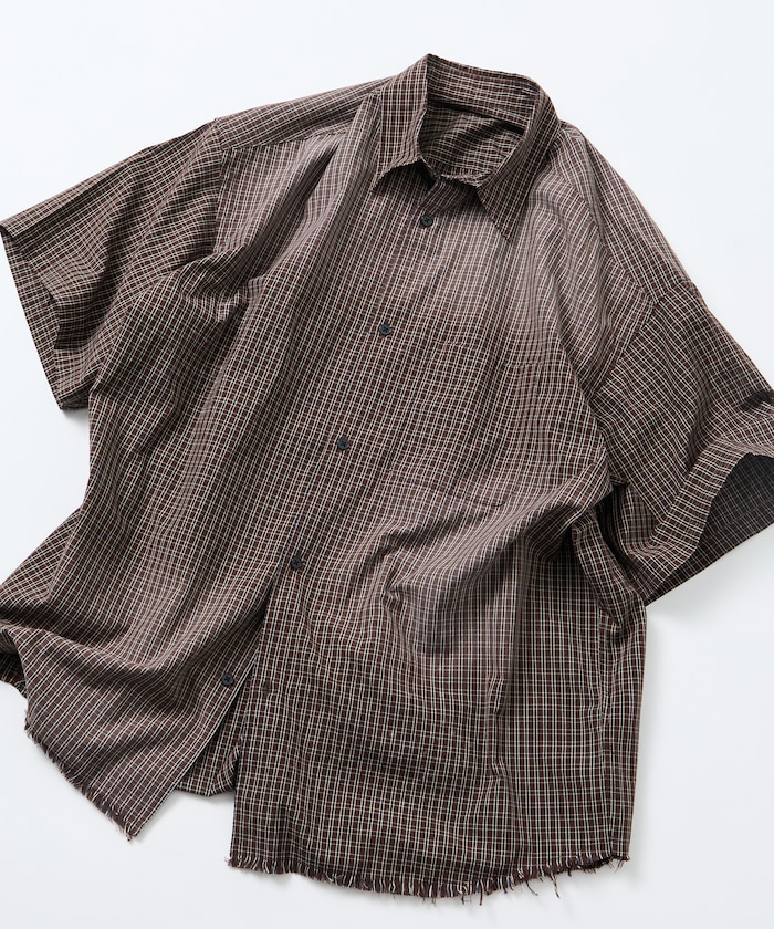 ビッグシルエット ダメージ加工 レギュラーカラー S/S シャツ/チェック/ストライプ/フェード加工 【限定展開】