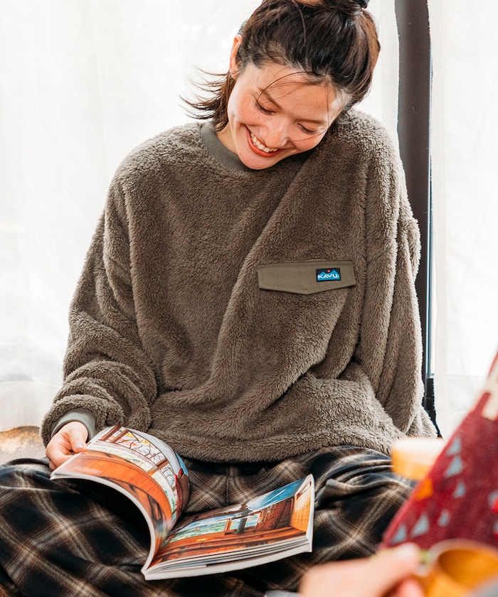 KAVU×FREAK'S STORE / 別注 ナイロン切り替え シャギーフリース クルーネックプルオーバー / ヘムコード 【限定展開】