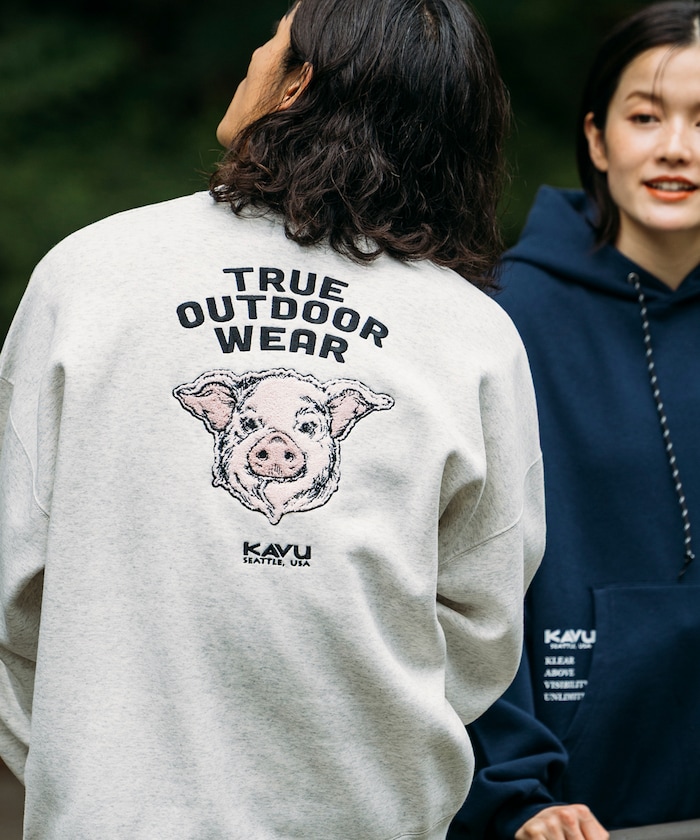 KAVU×FREAK'S STORE/カブ― 別注 ピッグフェイス 刺繍ワッペン クルーネック スウェット 【限定展開】