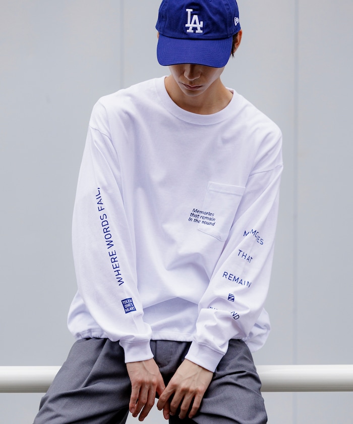 ビッグシルエット ワンポイント刺繍 スリーブプリント ポケットTシャツ  / ロンTEE / ヘムコード 【限定展開】