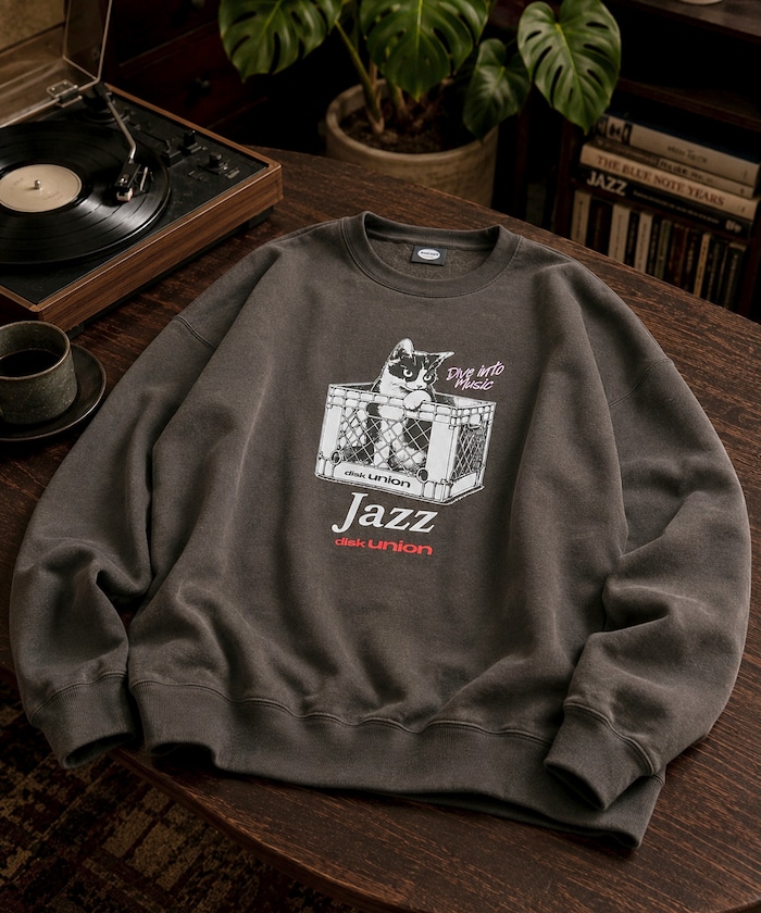 diskunion×FREAK'S STORE 別注 猫 [Jazz] リラックスフィットシルエット プリント クルーネック スウェット 【限定展開】