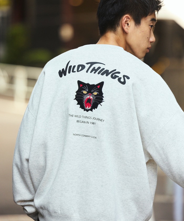 WILD THINGS×FREAK'S STORE/ワイルドシングス 別注 ビッグシルエット キャットモチーフ 刺繍ワッペン クルーネックスウェット 【限定展開】