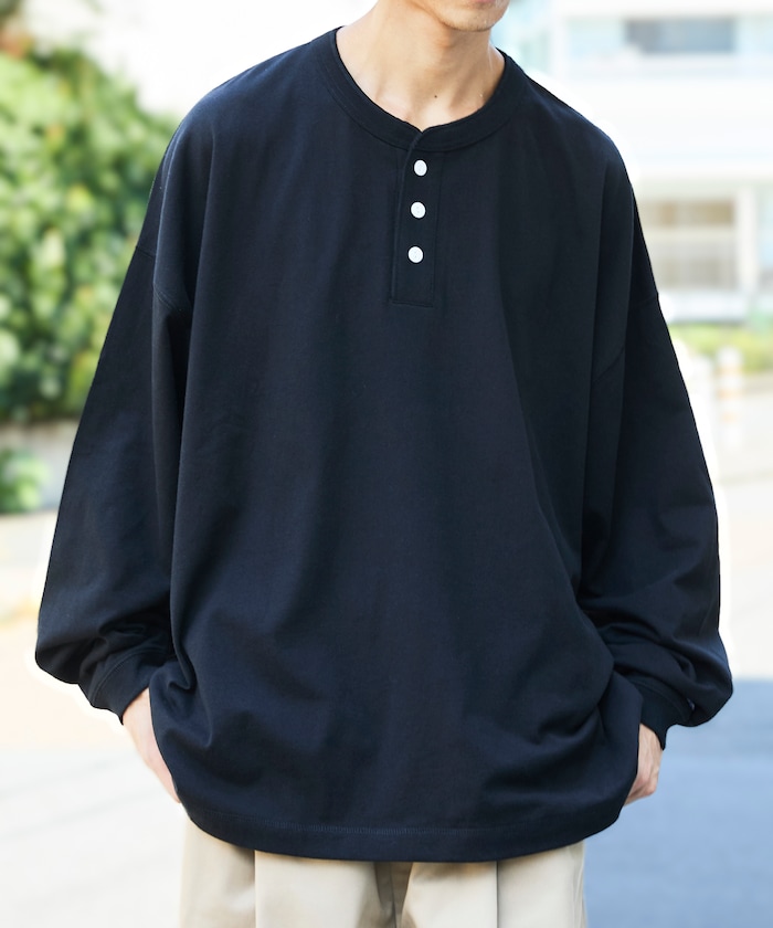 ワイドシルエット ワンポイント刺繍 ヘンリーネック ロングスリーブTシャツ 【限定展開】
