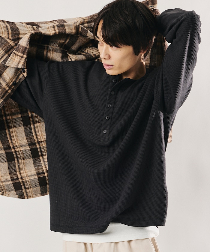 ワッフル ヘンリーネック ロングスリーブ TEEシャツ 【限定展開】