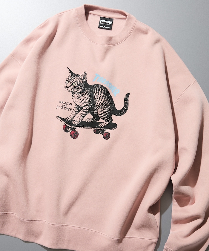 THRASHER×FREAK'S STORE /スラッシャー 別注 ビッグシルエット プリント クルーネック スウェット / CAT 【限定展開】