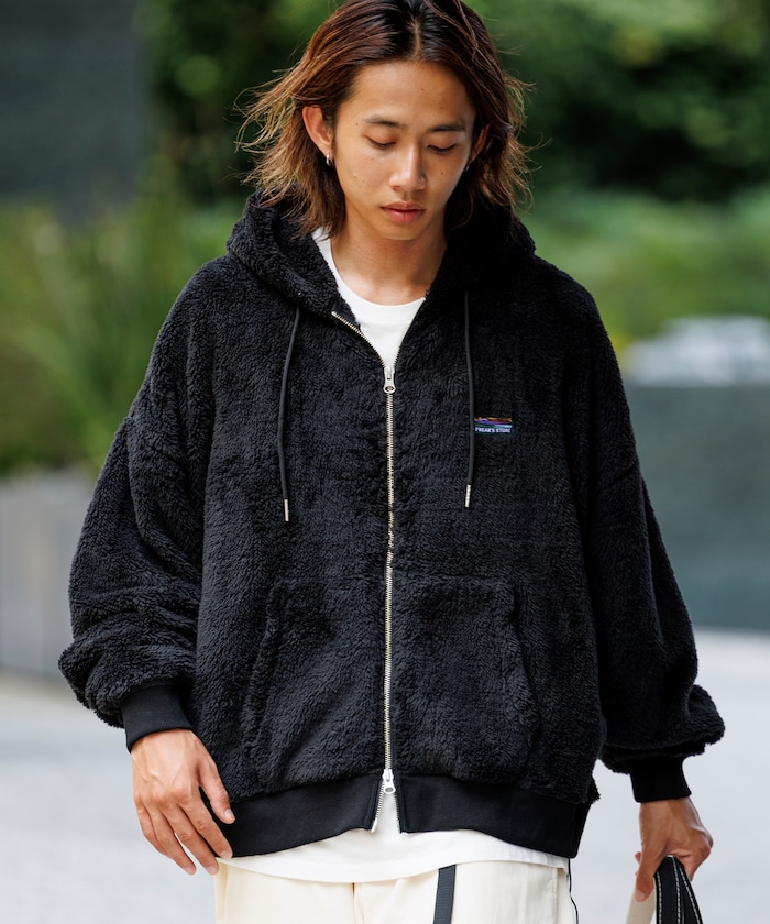 リラックスフィット ワンポイント シャギーフリース ジップアップ パーカー 【限定展開】