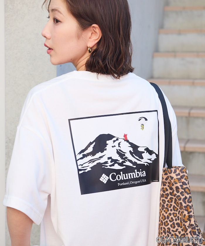 ガチャピン・ムック×Columbia×FREAK'S STORE 別注 インペリアルパーク  マウンテンモチーフ バックプリント Tシャツ【限定展開】