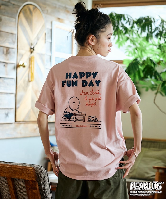 PEANUTS/ピーナッツ 別注 ビッグシルエット バックプリント クルーネックTシャツ/HAPPY FUN DAY 【限定展開】