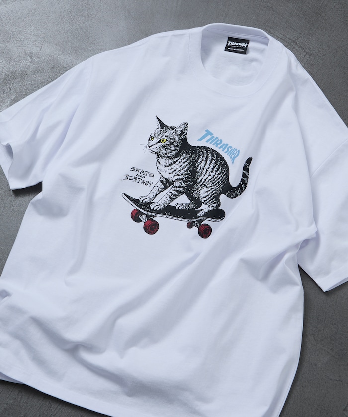 THRASHER×FREAK'S STORE /スラッシャー 別注 ビッグシルエット アニマルプリント クルーネック Tシャツ / CAT 【限定展開】