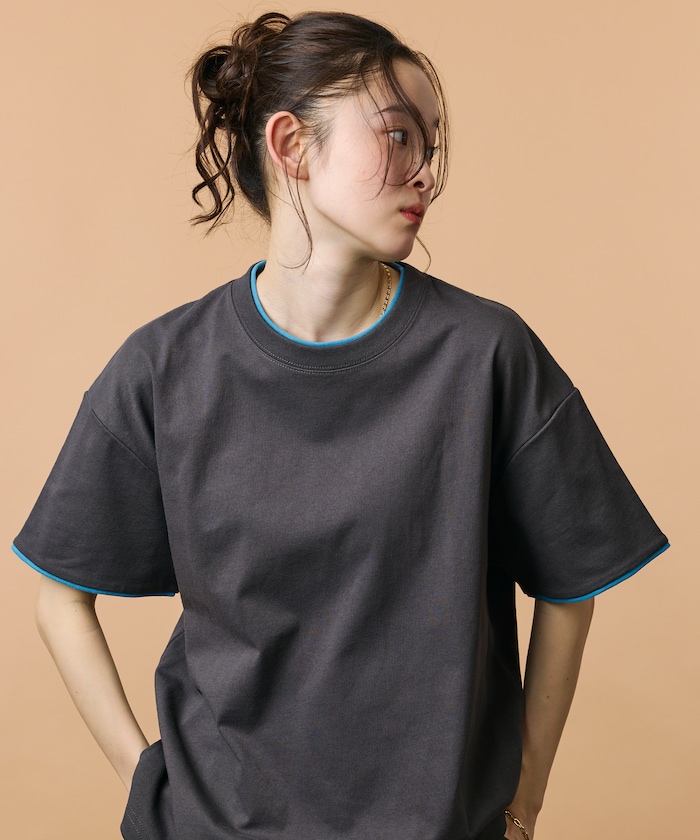 限定展開 リラックスフィット 配色フェイクレイヤード クルーネック Tシャツ