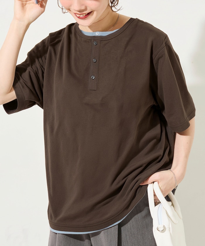 フェイクレイヤード ヘンリーネック カットソー 半袖 Tシャツ 【限定展開】