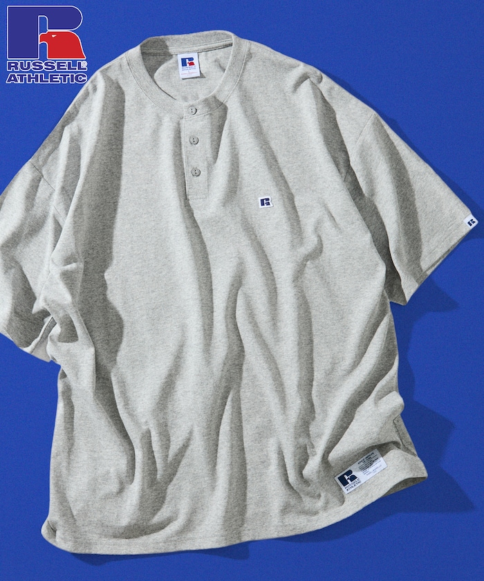 RUSSEL ATHLETIC×FREAK'S STORE 別注 ビッグシルエット ワンポイントロゴ ヘンリーネック Tシャツ 【限定展開】