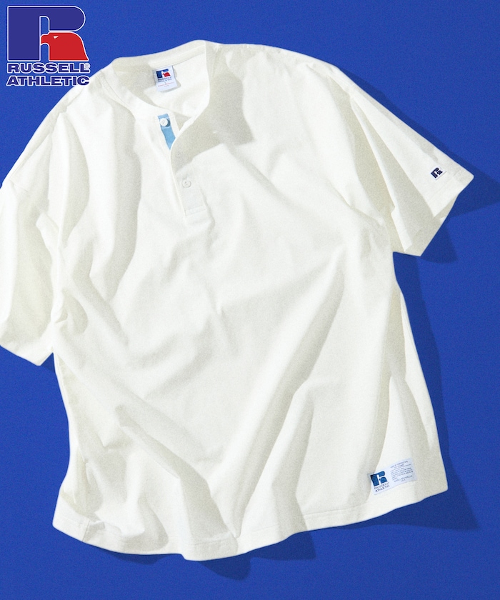 RUSSEL ATHLETIC×FREAK'S STORE 別注 ビッグシルエット ワンポイントロゴ 配色ヘンリーネック Tシャツ 【限定展開】