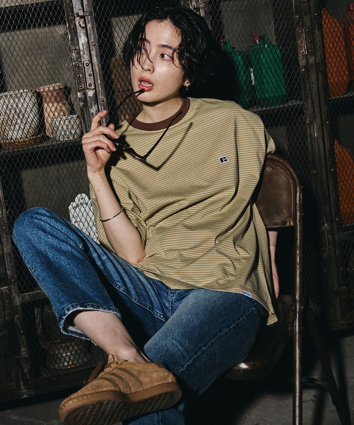 限定展開 別注 ビッグシルエット ワンポイントロゴ ボーダー クルーネック Tシャツ カットソー 半袖 Tシャツ