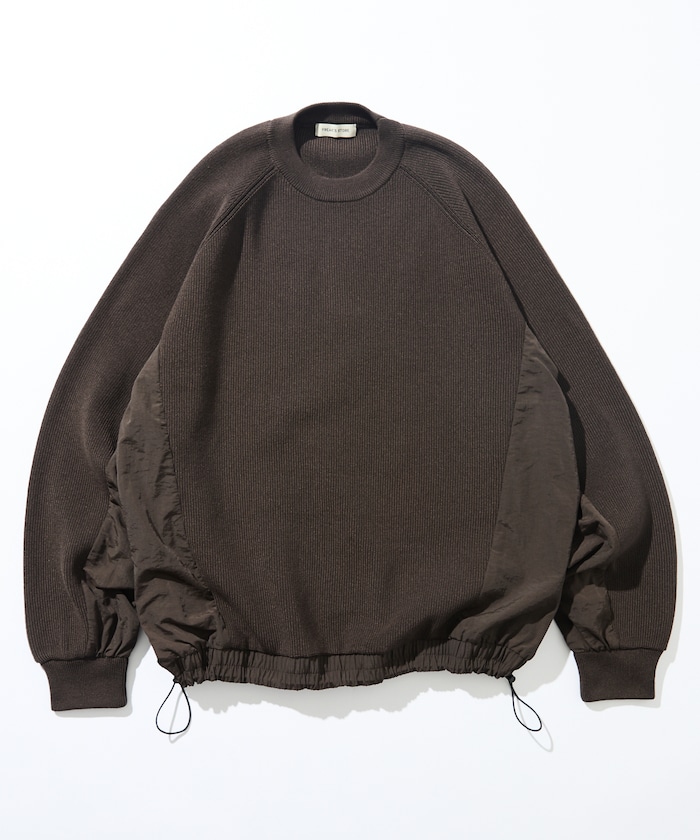 リラックスフィット ナイロン切り替え ドッキング クルーネックニット / ヘムコード 【限定展開】