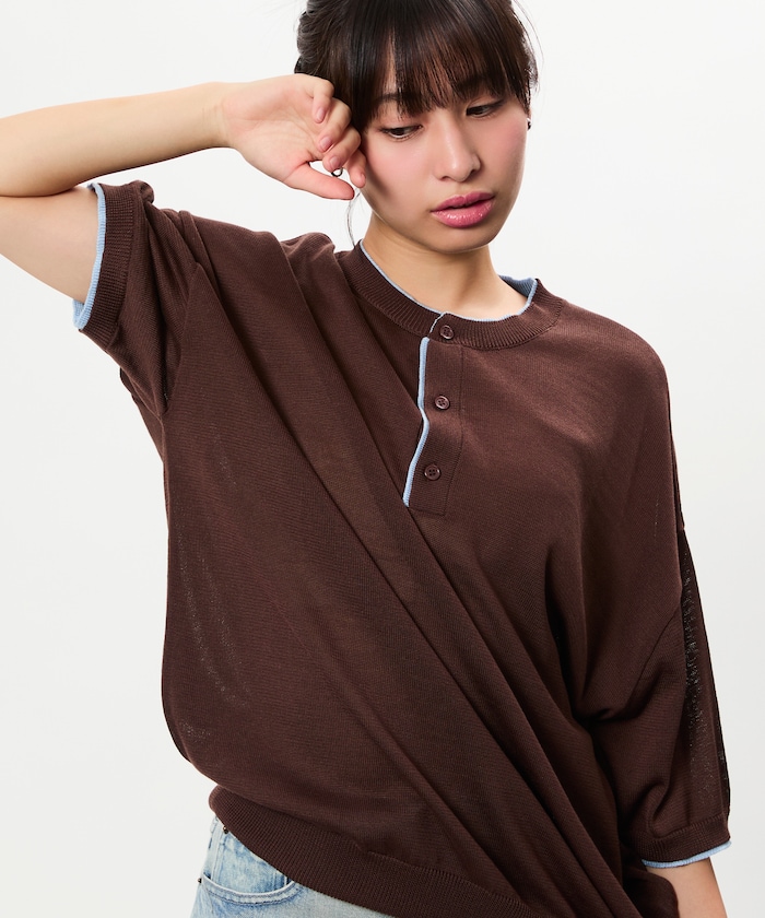 限定展開 リラックスフィット 配色ヘンリーネックニット