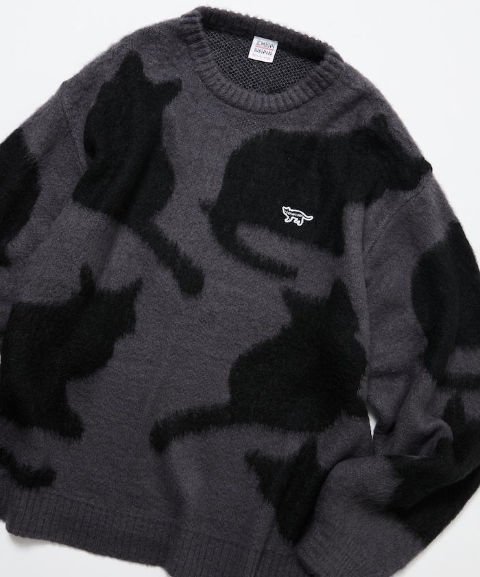 リラックスフィット ジャカード クルーネック モヘアタッチ シャギーニット / キャットモチーフ 【限定展開】