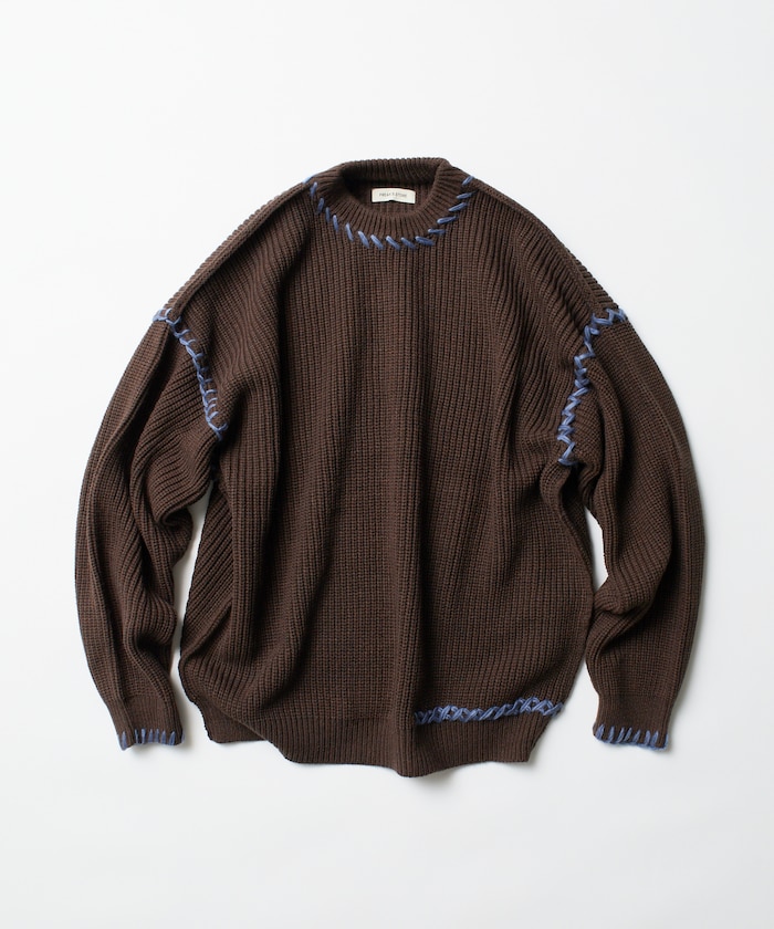 リラックスフィット ハンドステッチデザイン 畦編み クルーネック ニット 【限定展開】