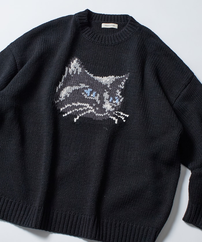 リラックスフィット キャットモチーフ ローゲージ ジャガード クルーネックニット 【限定展開】