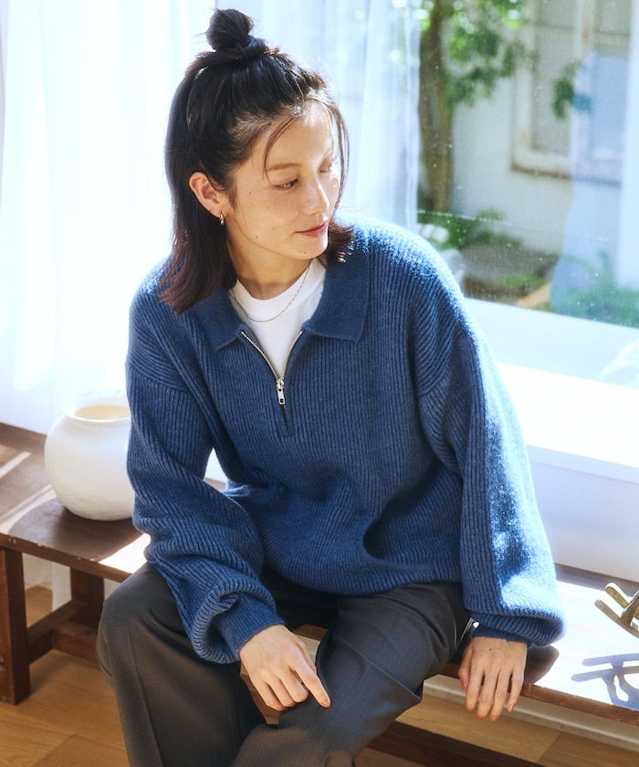 衿付 ハーフジップ ニット / マフポケット / ドロップショルダー 【限定展開】