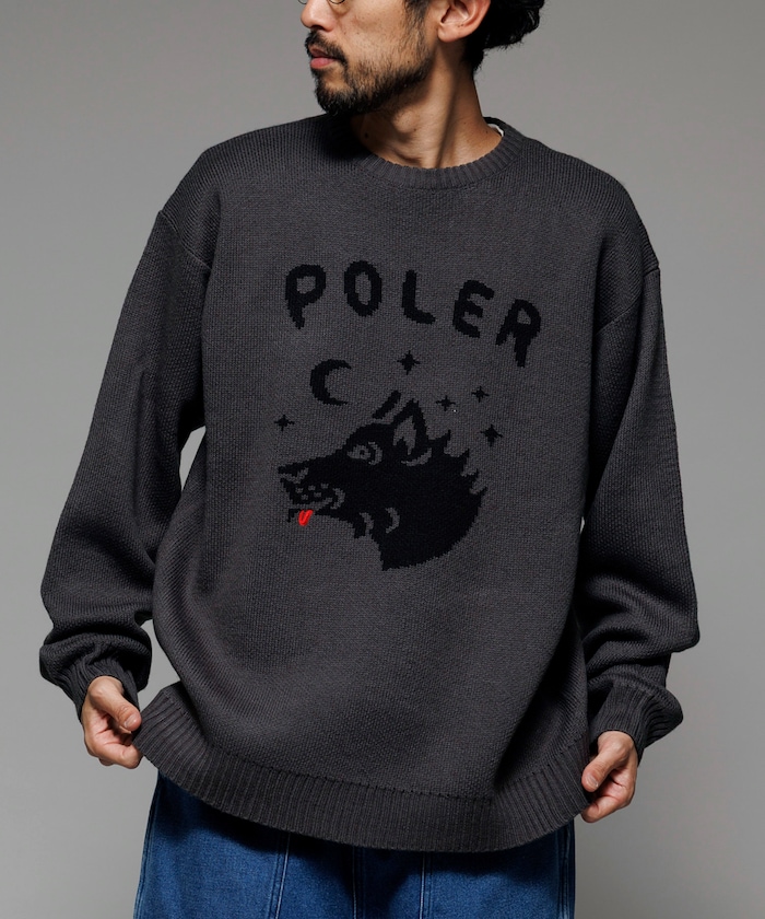 POLeR×FREAK'S STORE 別注 リラックスフィット アニマルデザイン ジャガード クルーネック ニット / WOLF 【限定展開】