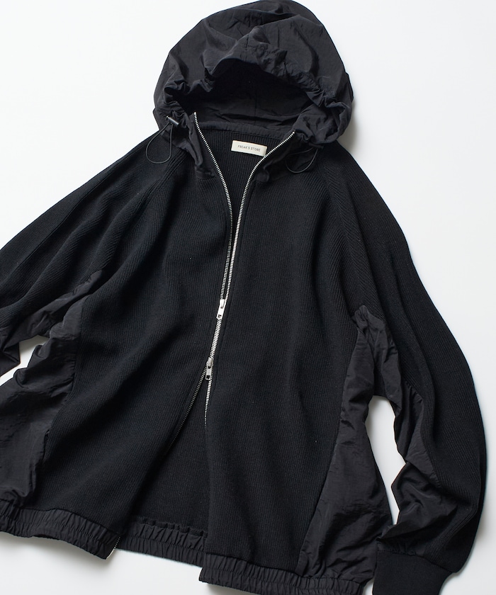リラックスフィット ナイロン切り替え ドッキング ニット ジップアップ パーカー 【限定展開】