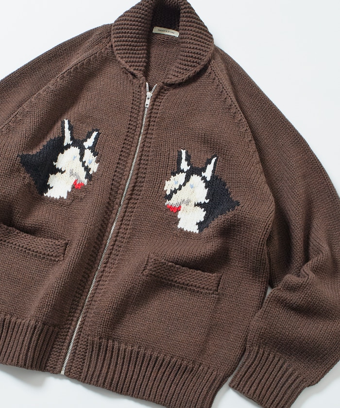 リラックスフィット ジャガード カウチン ジップアップ ニットカーディガン / アニマル柄 【限定展開】