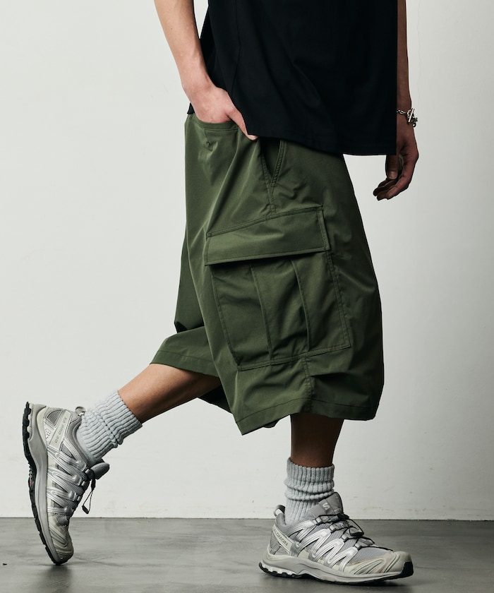 Quick Dry Fabric ワイドシルエット ポリリップクロス ショートカーゴパンツ/UVカット/速乾 【限定展開】