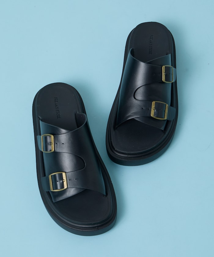 ダブルモンクストラップ レザレット スライドサンダル / プラットフォームソール [23~28cm] 【限定展開】