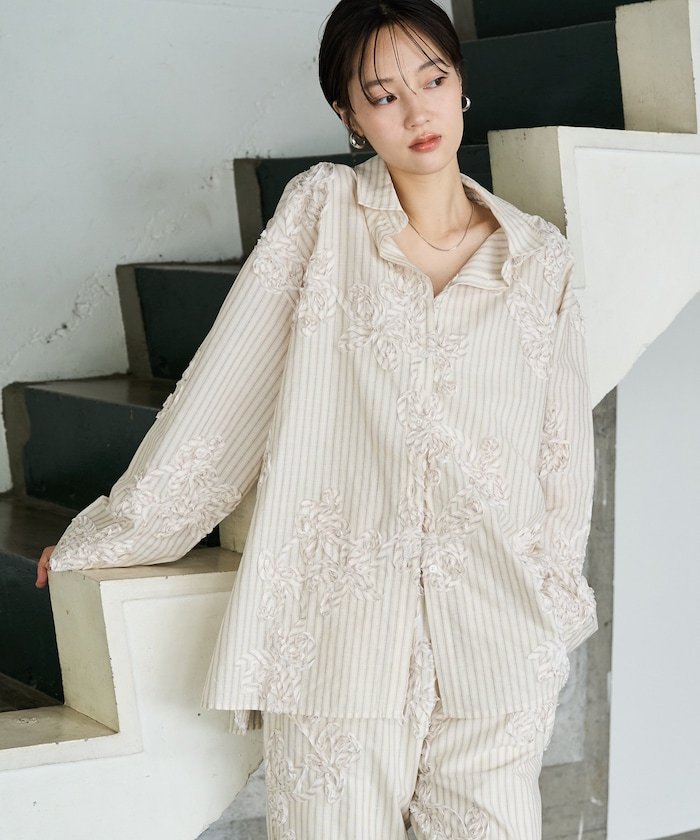 ストライプ コード 刺繍 ビックシャツ【限定展開】