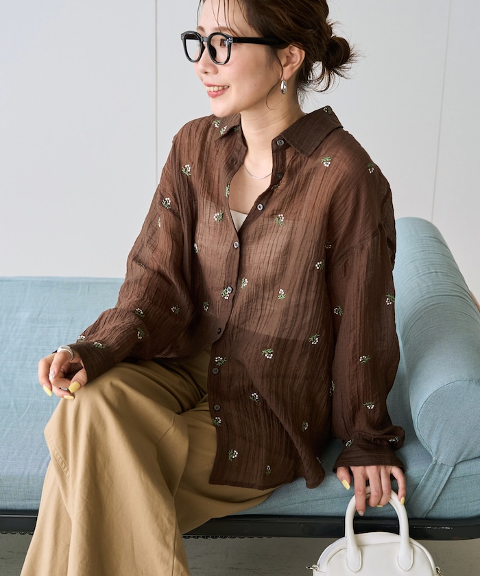 シアー 小花柄 刺繍 ロングスリーブ シャツ【限定展開】