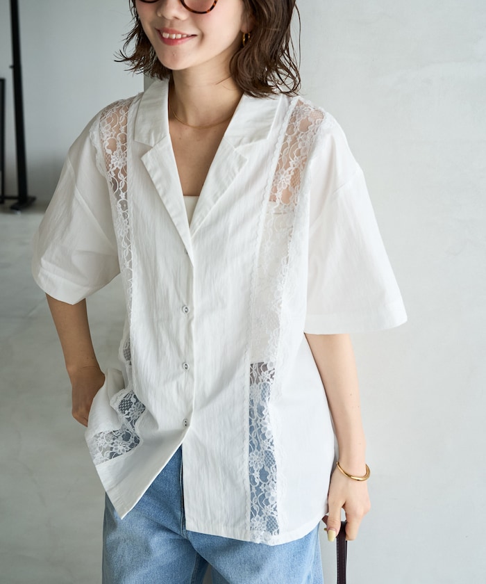 レース 切り替え シアー 開襟 シャツ【限定展開】