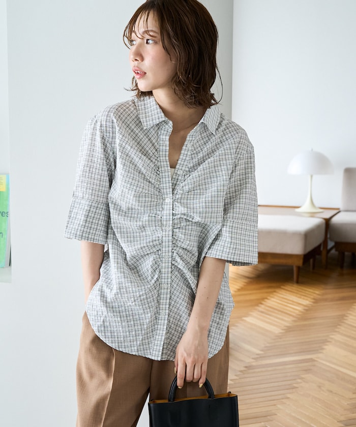 チェック フロント ギャザー 半袖 シャツ【限定展開】