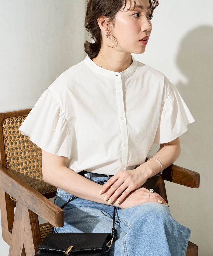 フリル 袖 ブロード ノーカラー シャツ【限定展開】