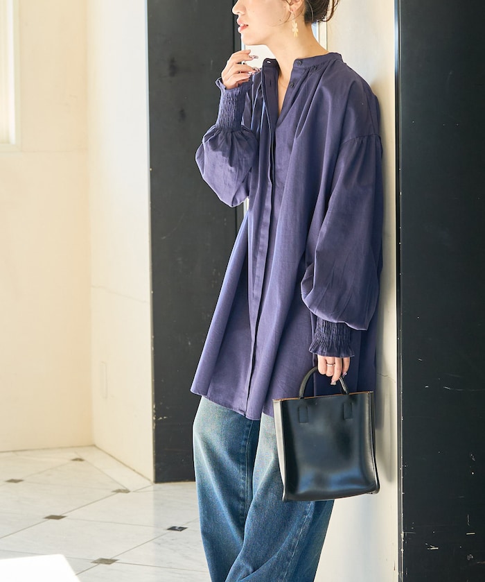 インド コットン ツイルシャーリング パフスリーブ ブラウス【限定展開】