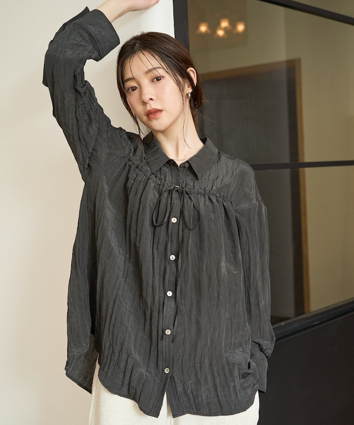 ワッシャー 加工 リボン ギャザー ブラウス【限定展開】